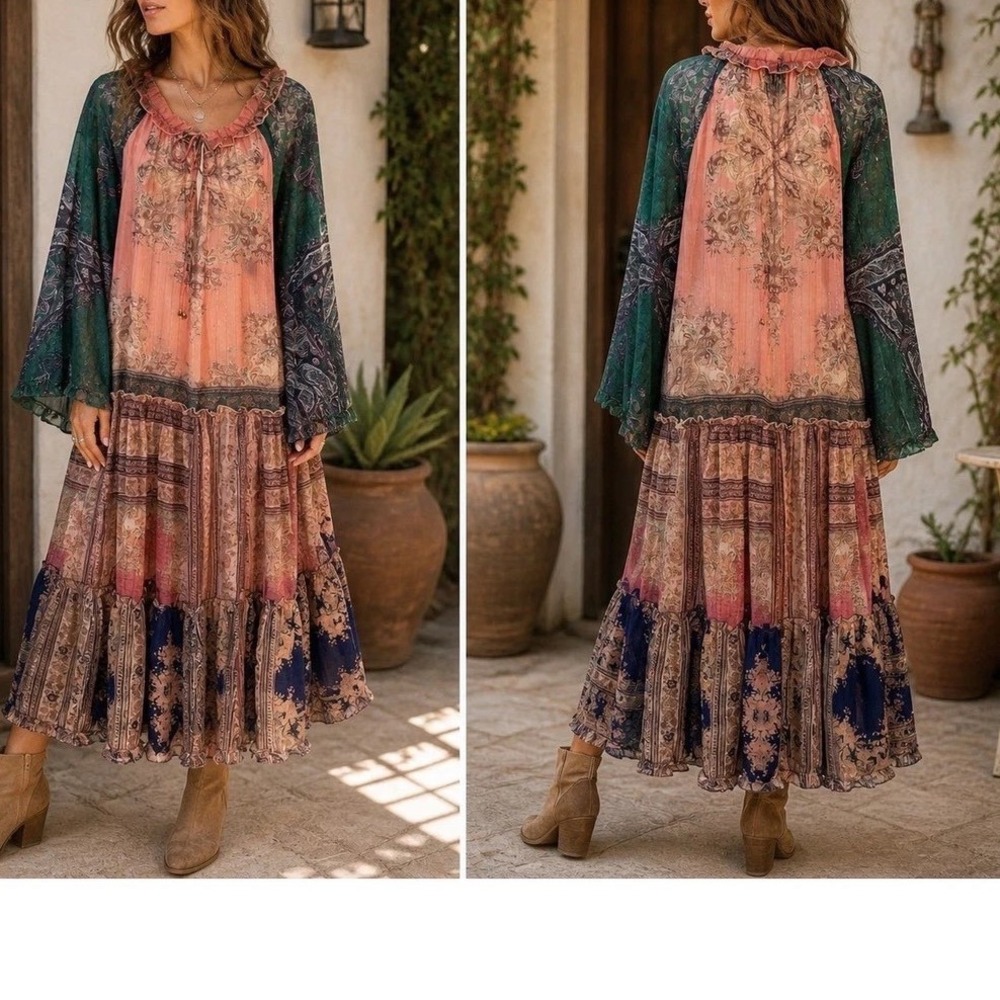 Jaded Gypsy Look At You Dress Paisley Floral Tiered Maxi Boho One Size e5